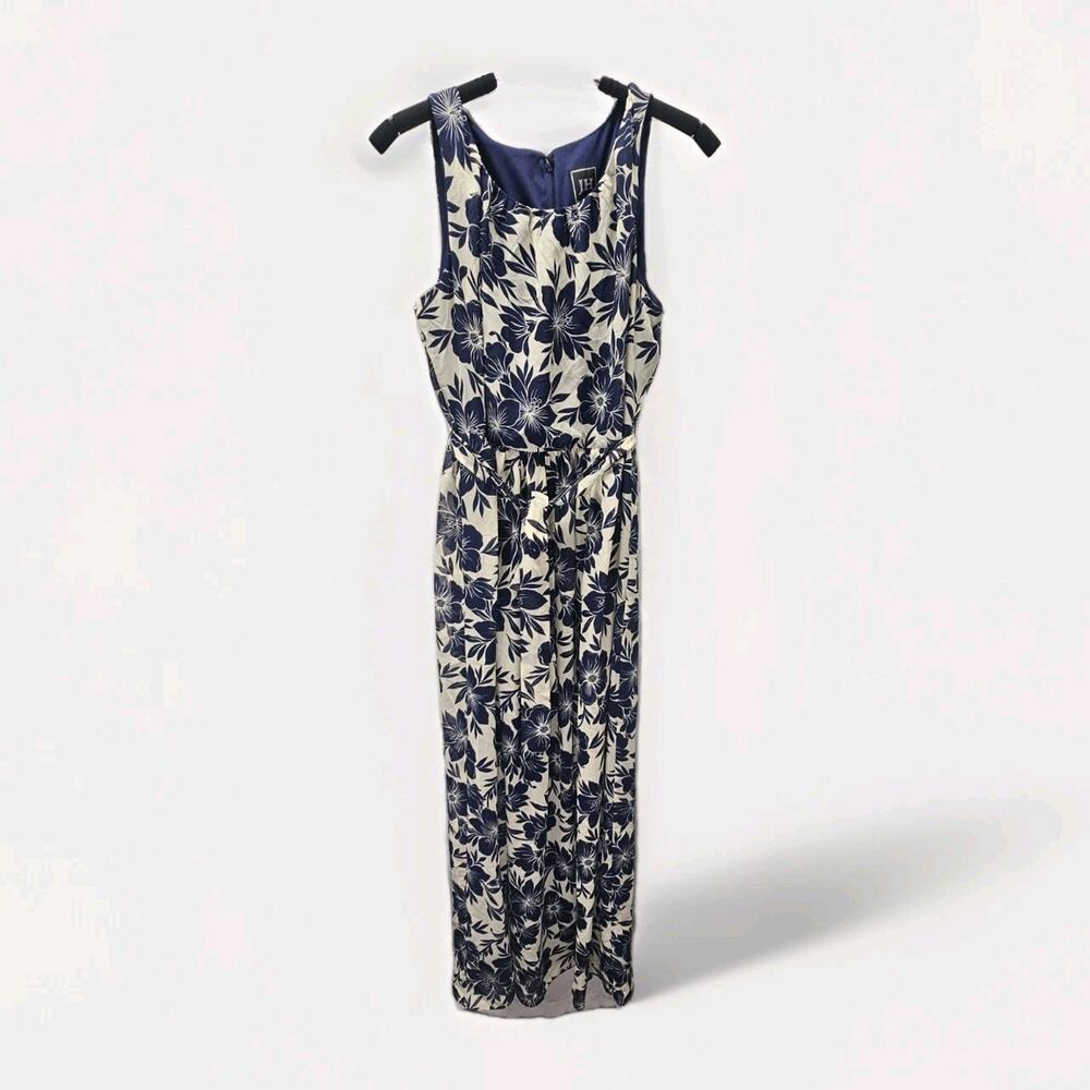 JH Collection Maxi Dress Cream & Navy Floral Sleeveless Lined Belted Dress Sz 10